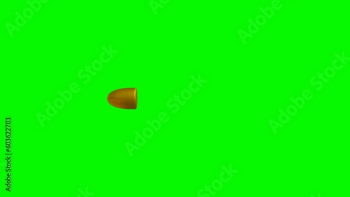 Realistic flying 9mm bullet in slow motion on green screen chroma key. Fired slow motion pistolet bullet. Gunshot. 4K UHD 3840x2160 loop 3D render high quality.