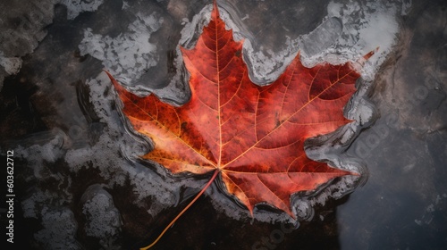 Canada Independence Day. Red maple leaf on ice, close-up. AI generated.