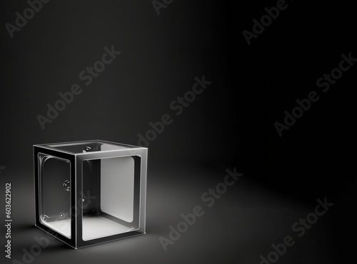 Empty podium pedestal transparent cube for product presentation, dark background. AI generated.