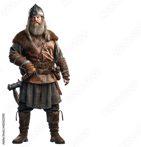 Warrior, Scandinavian navigator in armor. White background, isolate. AI generated. © Serhii