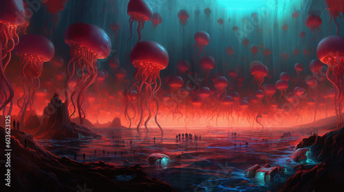 A sea of jellyfish floating in a surreal landscape. Fantasy concept   Illustration painting. Generative AI