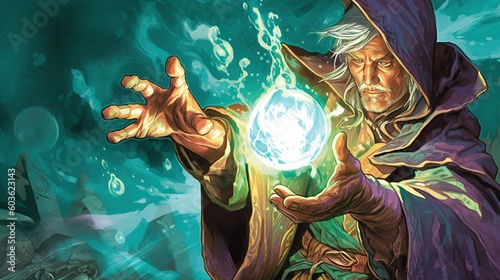 A sorcerer casting a spell with arcane power. Fantasy concept , Illustration painting. Generative AI