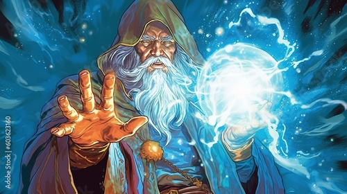 A sorcerer casting a spell with arcane power. Fantasy concept , Illustration painting. Generative AI photo