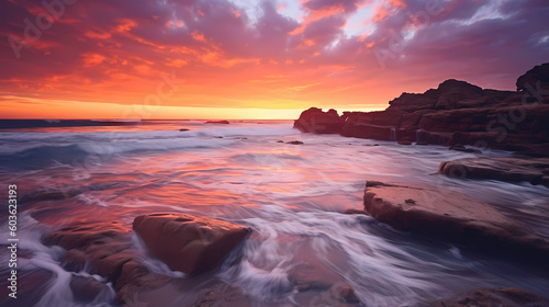 Capture the serene beauty of a beach sunset  with vibrant hues of orange and pink reflecting on the calm ocean waves  using a wide-angle lens during golden hour 