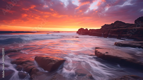 Capture the serene beauty of a beach sunset, with vibrant hues of orange and pink reflecting on the calm ocean waves, using a wide-angle lens during golden hour 