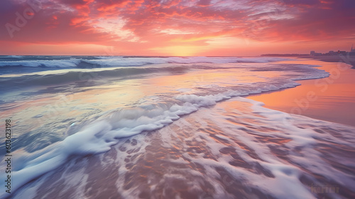 Capture the serene beauty of a beach sunset, with vibrant hues of orange and pink reflecting on the calm ocean waves, using a wide-angle lens during golden hour 
