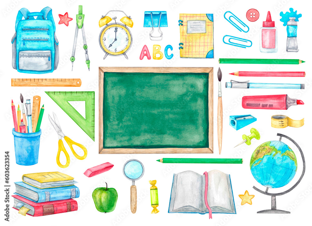 Back to School is a large, brightly colored, colorful element set. Hand-painted watercolor illustration. School supplies, blackboard, briefcase, globe, books and notebooks, alarm clock, scissors. Back to School is a large, brightly colored, colorful element set. Hand-painted watercolor illustration. School supplies, blackboard, briefcase, globe, books and notebooks, alarm clock, scissors.
