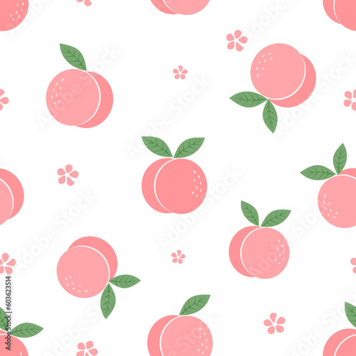 Seamless pattern of peach fruit with green leaves on white background vector illustration. Cute fruit print.