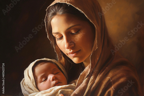 Sarah, the matriarch of faith, with a graceful demeanor and wise eyes, cradling a newborn Isaac in her arms Generative AI photo