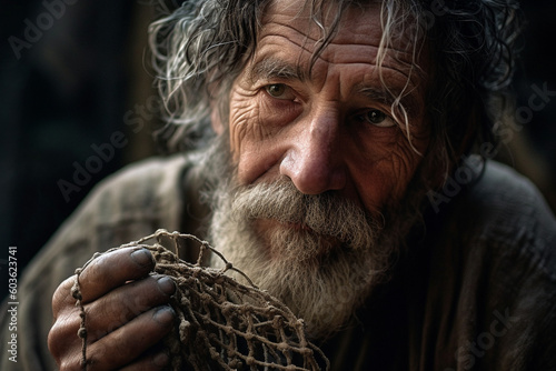 Fotografia Peter, the impulsive yet loyal disciple, with rough hands and a weathered face,