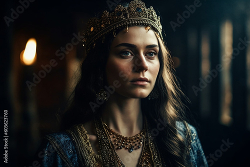 Esther, the courageous queen, with a regal posture and a determined expression, wearing a jeweled crown Generative AI photo