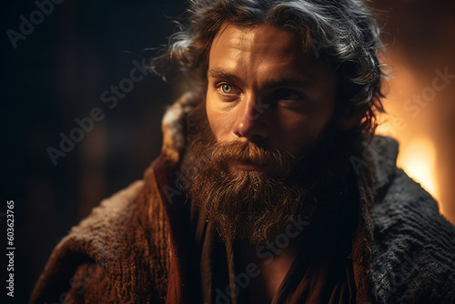 Elijah, the bold and zealous prophet, with a flowing beard and intense eyes, dressed in a cloak of animal skin, bokeh Generative AI photo