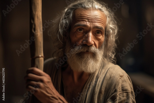 Joseph, the righteous and humble carpenter, with strong hands and a thoughtful gaze, holding a wooden staff, bokeh Generative AI