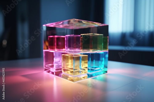 Transparent glass cube illuminated with light and reflects colorful light. Glass cube geometric shapes with light diffraction of spectrum colors and complex reflection background. Generative AI