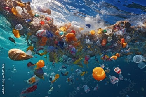 assortet plastic garbage floats in a dense mass on the waves of the sea  environment pollusion concept  ai tools generated image