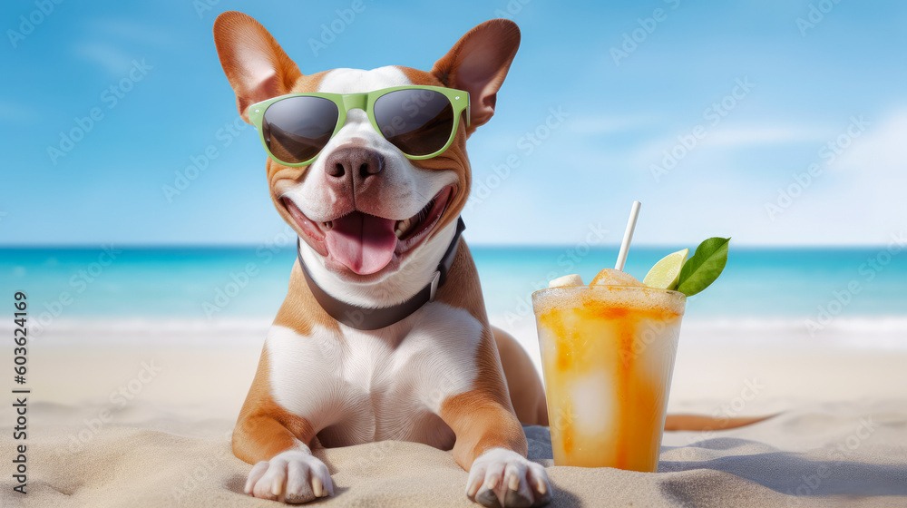 Cute dog in sunglasses with coctail relaxing on sandy beach near sea. Summer vacation with pet. Generative AI