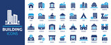 Building icon set. Containing house, office, bank, school, hotel, shop, university and hospital icons. Solid icon collection. Vector illustration.