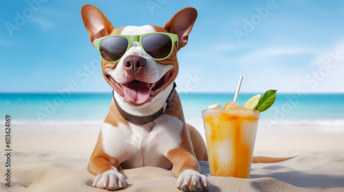 Cute dog in sunglasses with coctail relaxing on sandy beach near sea. Summer vacation with pet. Generative AI