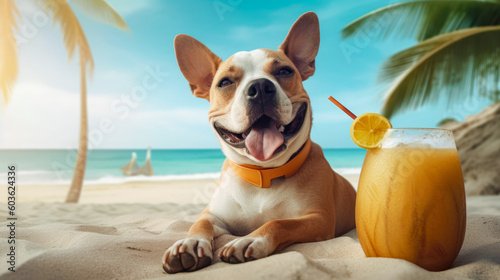 Cute dog with coctail relaxing on sandy beach near sea. Summer vacation with pet. Space for advert © zamuruev