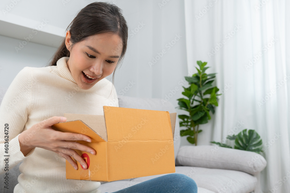 Pretty asian woman feel surprise and look interest inside shopping box. cute girl excited open gift box. birthday, Celebration, xmas, New year Festival, thank, Celebrate, Valentine's Day, Anniversary Pretty asian woman feel surprise and look interest inside shopping box. cute girl excited open gift box. birthday, Celebration, xmas, New year Festival, thank, Celebrate, Valentine's Day, Anniversary