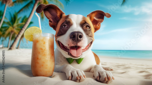 Cute dog with coctail relaxing on sandy beach near sea. Summer vacation with pet. Space for advert © zamuruev
