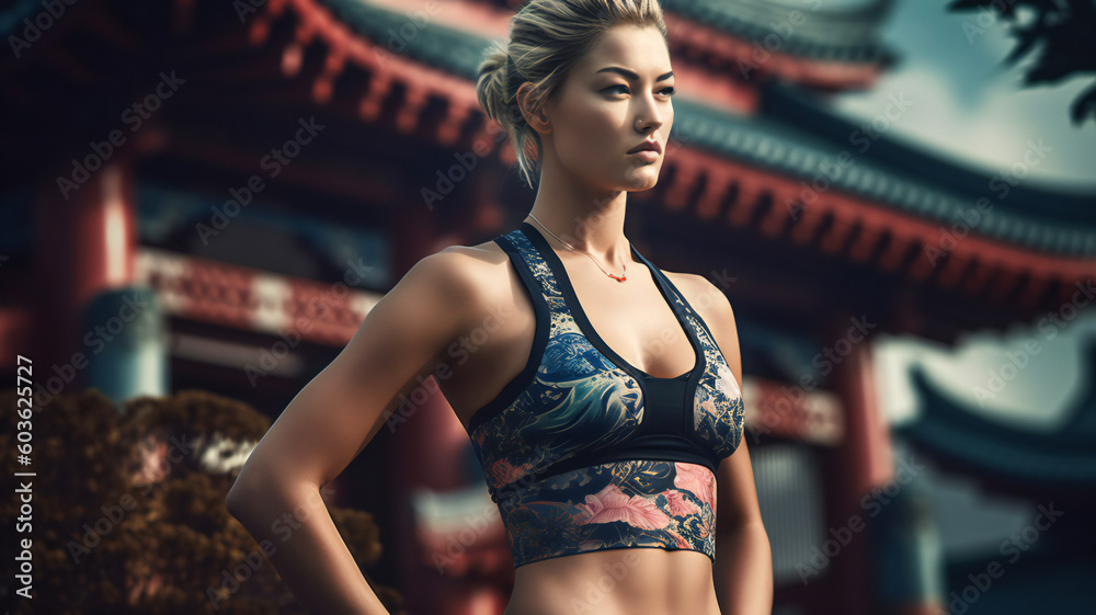 A beautiful woman in fashionable sports bra, exudes a healthy lifestyle through fitness exercise, running as her sport, making it an active clothing trend.
