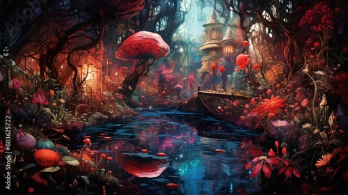 A surreal garden with a river made of glass. Fantasy concept   Illustration painting. Generative AI