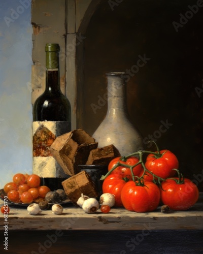 Vibrant Still Life: Wine, Tomatoes, and Garlic in an Oil Painting (Generative Ai)