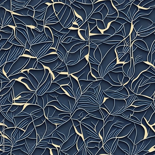 Lush Leafy Delight: Seamless Pattern on a Dark Blue Background. Generative AI.