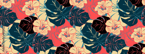 jungle hibiscus exotic floral pattern retro blue red ivory shades