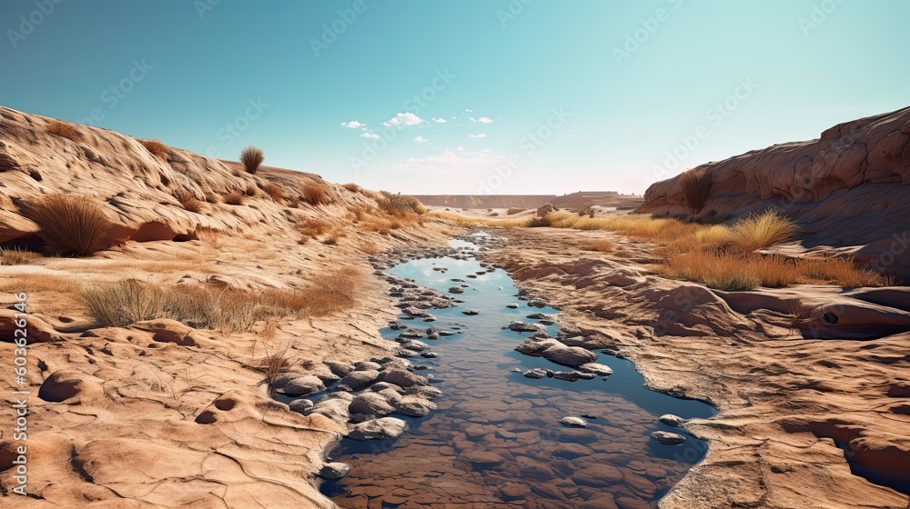 Drought-stricken landscape, with dried up river. Generative AI
