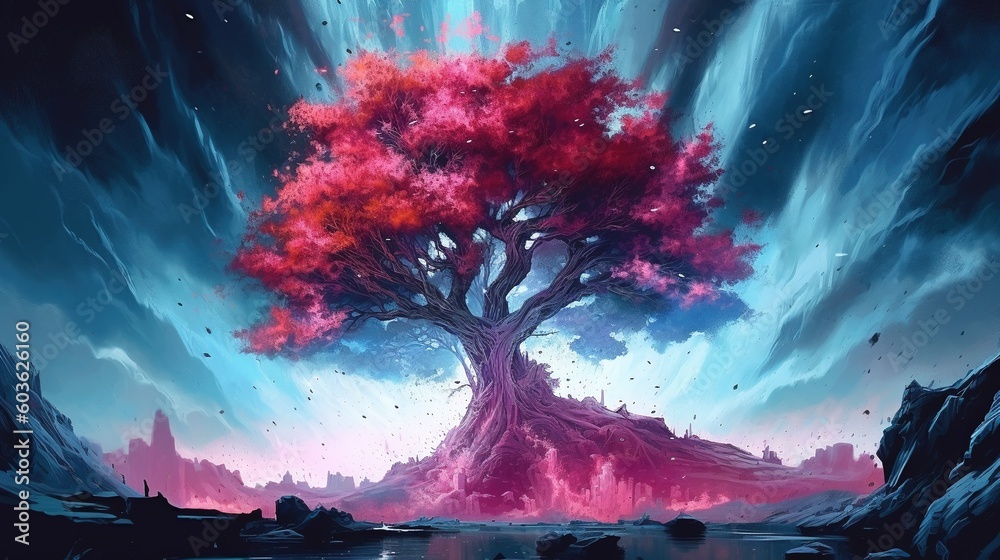 A surreal landscape with a giant tree made of crystals. Fantasy concept , Illustration painting. Generative AI
