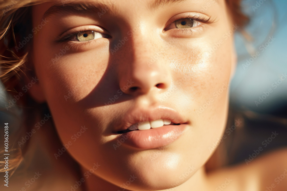 Closeup of beautiful young woman in summer sun light. Generative AI.