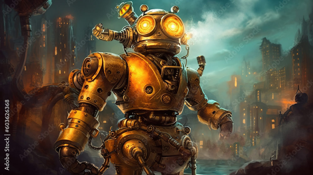 A steampunk robot powered by magic. Fantasy concept , Illustration painting. Generative AI A steampunk robot powered by magic. Fantasy concept , Illustration painting. Generative AI