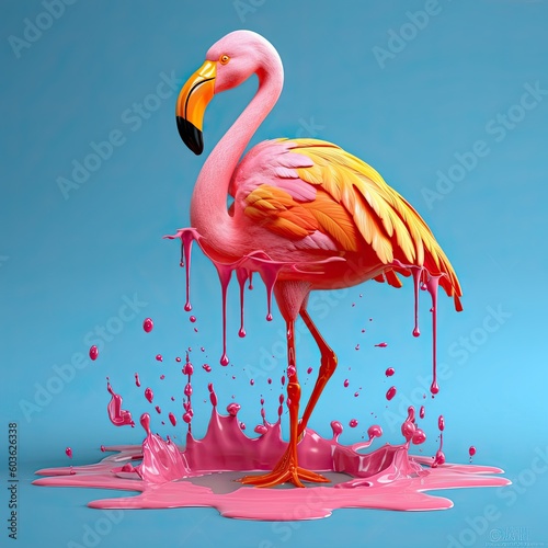 Exotic pink bird splashing on colored water. Generative AI