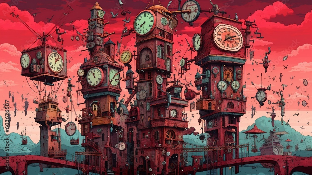 A surreal city with a building made entirely of clocks. Fantasy concept , Illustration painting. Generative AI