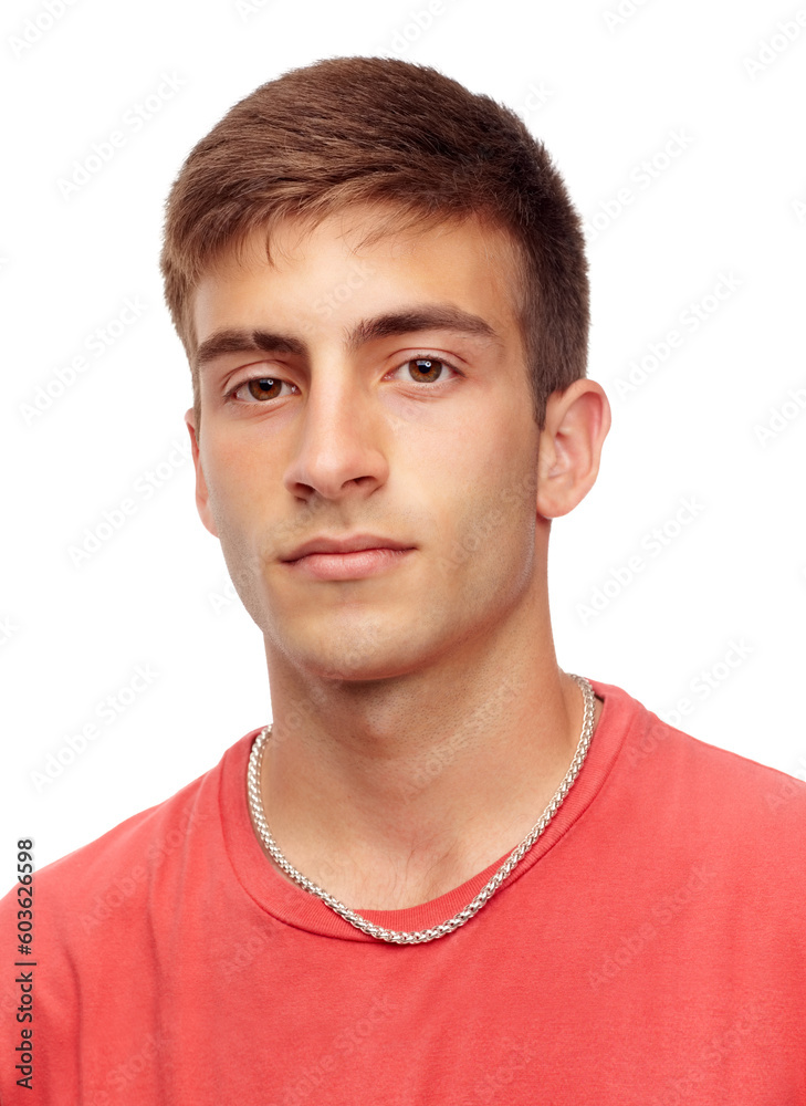 Obraz premium Fashion, face and portrait of man in studio with confidence, attractive and pride on white background. Style, confident and isolated handsome, serious and young male person with trendy casual clothes