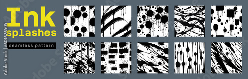 Ink splashes seamless pattern collection. Vector set for covers, prints, banners, fabric