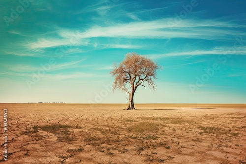 Lonely tree on drought crack land. Climate change concept. Generative AI