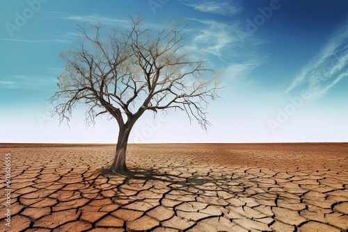 Lonely tree on drought crack land. Climate change concept. Generative AI