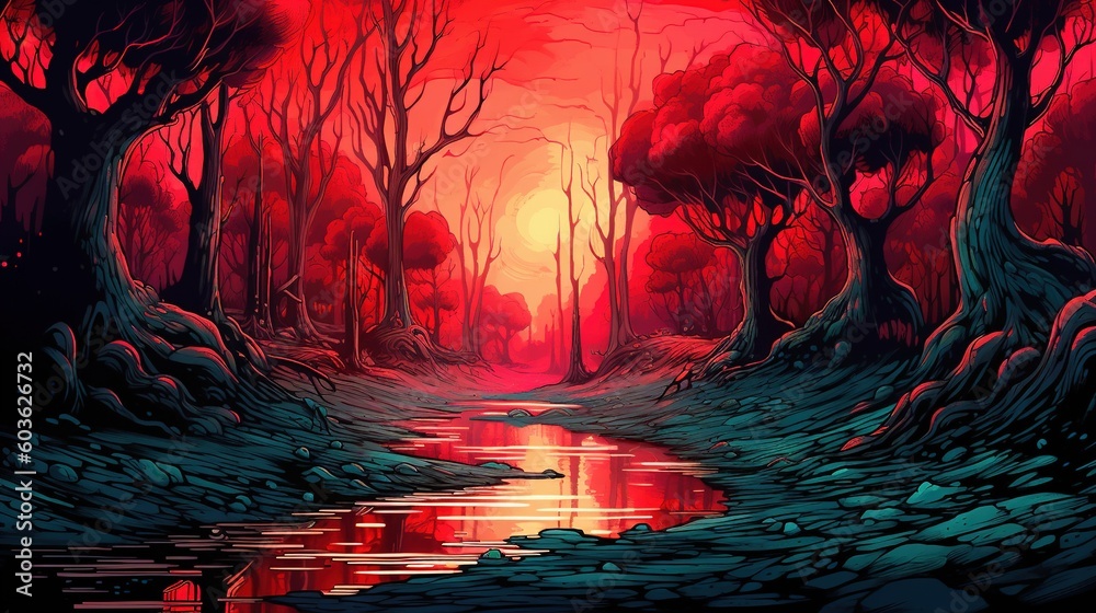 A surreal forest with a river made of lava. Fantasy concept , Illustration painting. Generative AI