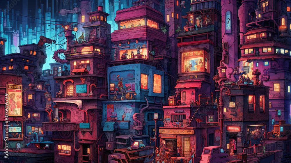 A surreal city with a colorful buildings. Fantasy concept , Illustration painting. Generative AI