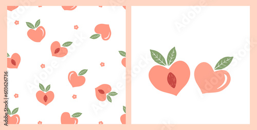 Seamless pattern of peach fruit with green leaves and cute flower on white background. Peach fruit icon isolated on white background vector illustration.