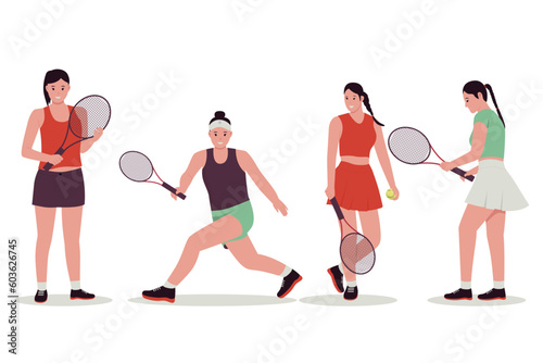 Set of female tennis player vector illustration. Illustration for website, landing page, mobile app, poster and banner. Trendy flat vector illustration