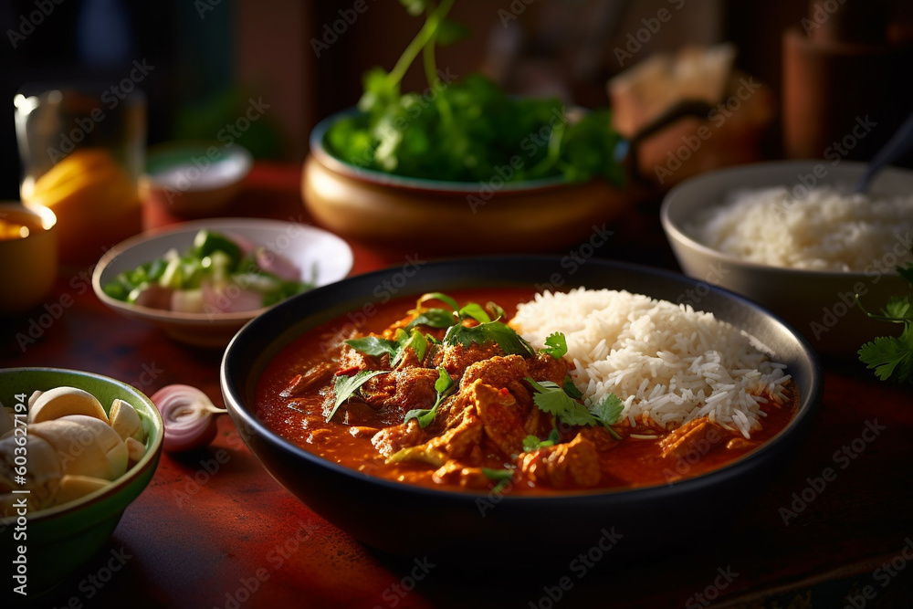 A plate of white rice and Rogan Josh Indian lamb curry Generative AI A plate of white rice and Rogan Josh Indian lamb curry Generative AI