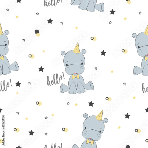 Cute vector hippo character pattern with lettering hello and adorable stars.