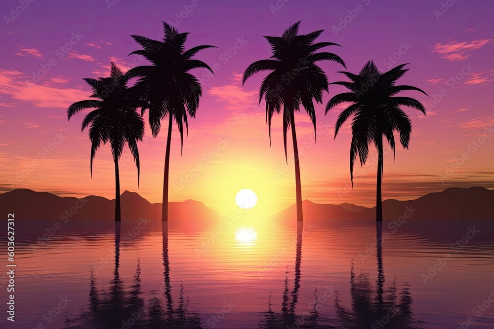 Sunset and Palm Trees silhouette Generative Ai