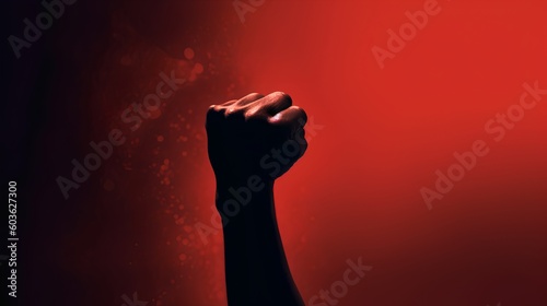 Concept of rebellion for rights and justice, raised fist isolated on red background. Powerful symbol of defiance, unity, and the ongoing struggle for human rights and social justice. Generative AI