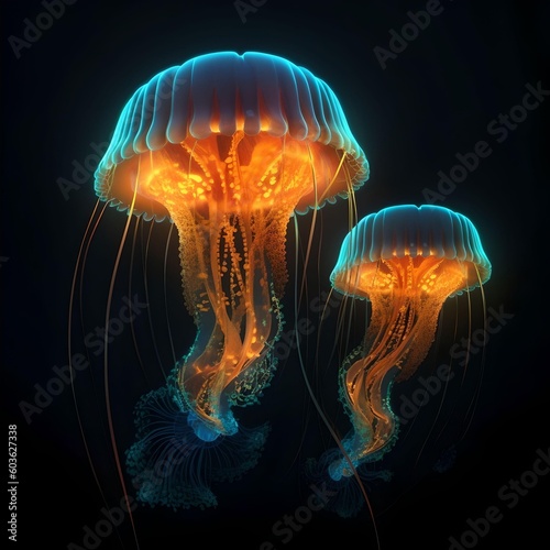 Sea jellyfishes glowing on dark background. Generative AI.