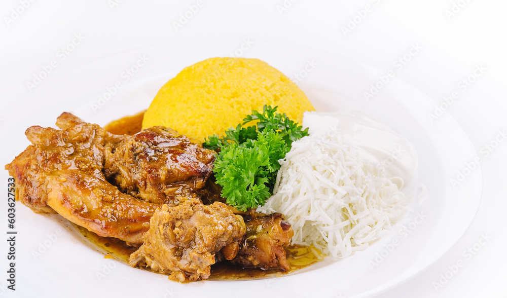 Traditional Moldavian, Italian and Romanian cornmeal porridge with meat and sauce Traditional Moldavian, Italian and Romanian cornmeal porridge with meat and sauce